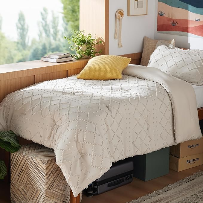 Bedsure Twin XL Comforter Set - Beige Twin Extra Long Comforter Set for College, Shabby Chic Dorm Bedding Set, 2 Pieces Boho Farmhouse Bed Set, includes 1 Pillow Sham - LeafyLoom