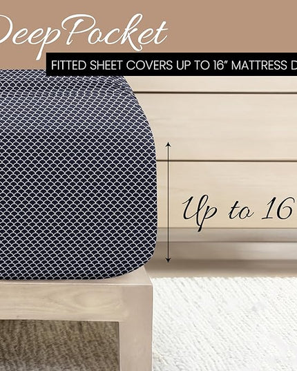 4 Piece California King Bedding Sheet Set (Navy Scallops) - Sleep Better Than Ever with These Ultra-Soft & Cooling Bed Sheets for Your Cal King Size Bed - Deep Pocket Fits 16" Mattress - LeafyLoom