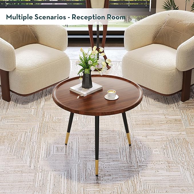 SAYGOER Round Coffee Table Small Modern Coffee Tables Rustic Farmhouse Center Table for Living Room Home Office Mid Century Accent Sofa Table Easy Assembly, Dark Brown - LeafyLoom