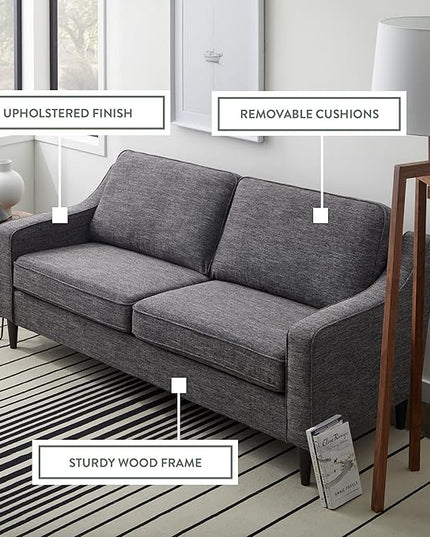 Edenbrook Jensen Upholstered Couch - Couches for Living Room - Charcoal Upholstered Couch - Living Room Furniture - Small Couch - Seats Three - Scoop Arm Modern Couch - LeafyLoom