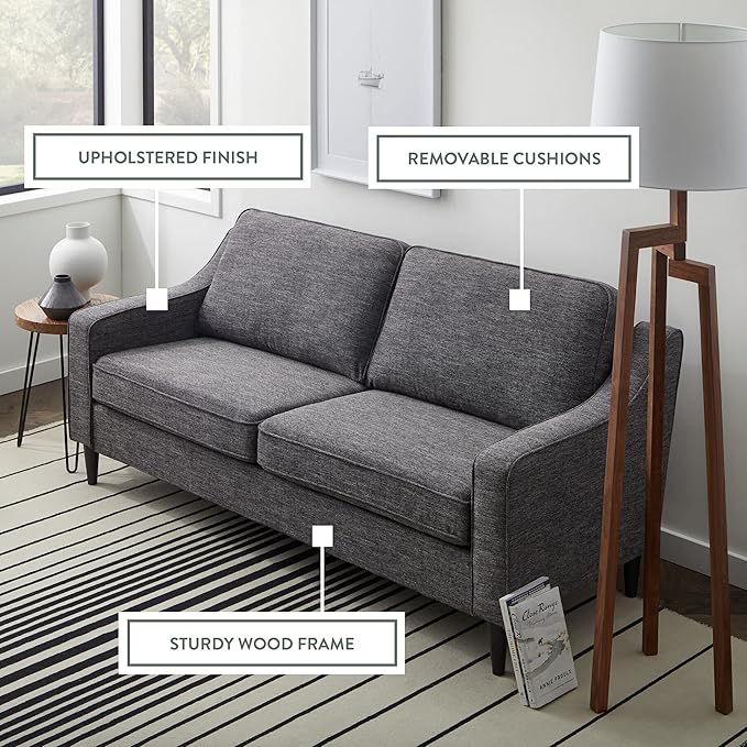 Edenbrook Jensen Upholstered Couch - Couches for Living Room - Charcoal Upholstered Couch - Living Room Furniture - Small Couch - Seats Three - Scoop Arm Modern Couch - LeafyLoom