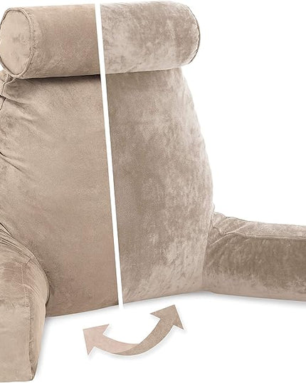 Husband Pillow XXL Cover Aspen Edition Cowboy Taupe, Reversible Microfiber to Microsuede, Side & Back Pockets - Handle for Easy Transport - Super Cozy Bed Rest Pillow Cover with Arms - Easy Care - LeafyLoom