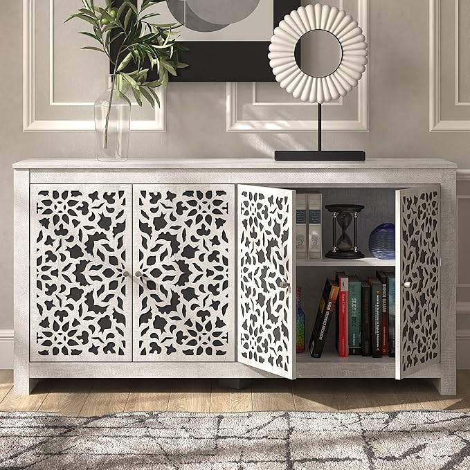 Galano Culbreath 4 Door Sideboard Buffet Cabinet with Storage and Adjustable Shelves, Storage Cabinet for Kitchen, Dining Room, Living Room, 15.67" D x 57.64" W x 30" H, Dusty Grey Oak - LeafyLoom