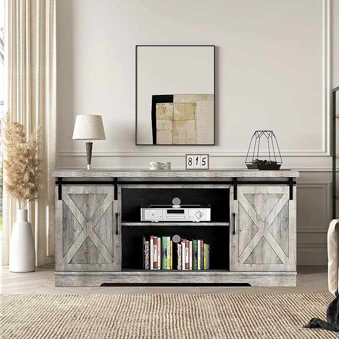 IDEALHOUSE TV Stand Farmhouse Entertainment Center for 65 Inch TV Media Console Cabinet, Gray Barn Doors TV Stand with Storage and Shelves, Modern TV Console Table Furniture (Gray) - LeafyLoom