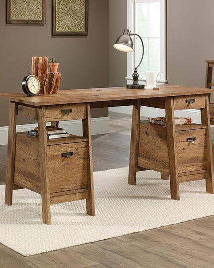 Sauder Trestle Executive Trestle Desk, Vintage Oak finish - LeafyLoom