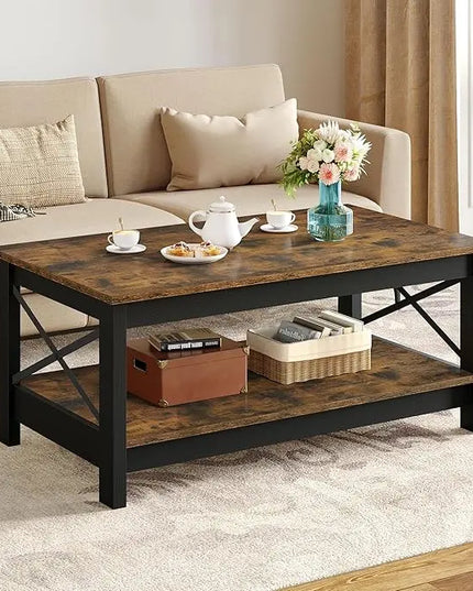 YITAHOME Coffee Table for Living Room,Modern Farmhouse Coffee Table with Storage,2-Tier Center Table for Living Room Wood Living Room Table Accent Cocktail with Sturdy Frame,Rustic Brown - LeafyLoom