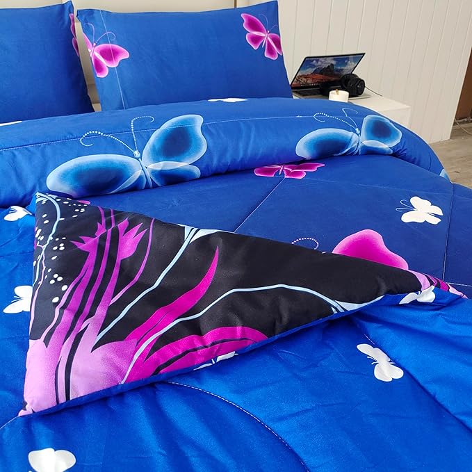 SDY 3PCS Butterfly Comforter Set Queen, Butterfly Bedroom Decor Quilt Bedding Bed in a Bag, Floral Quilts Queen Size for Girls, Kids, Toddler, Children, Teenage, Baby, Women… - LeafyLoom