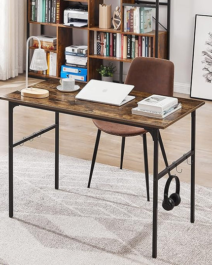 VECELO 44" Computer Writing Desk for Home Office, Study Table Workstation for Small Spaces with 6 Hooks & Adjustable Legs, Metal Frame,Brown, 44Inches - LeafyLoom