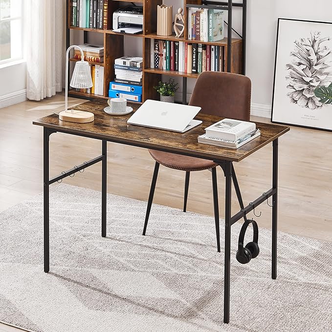 VECELO 44" Computer Writing Desk for Home Office, Study Table Workstation for Small Spaces with 6 Hooks & Adjustable Legs, Metal Frame,Brown, 44Inches - LeafyLoom
