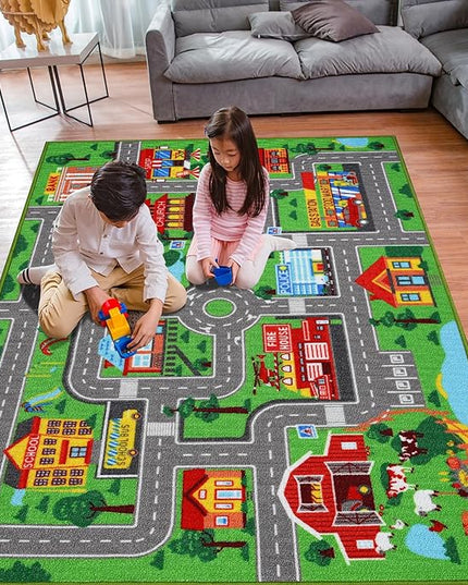 Kids Carpet Playmat Rug 59"x39.4", Car Rug for Kids Cars, Non-Slip Town City Road Map Kids Rug for Playroom Bedroom Boys, Kids Car Mat Road Rug, Track Rug Car Play Rug for Kids (59X39.4 INCH) - LeafyLoom