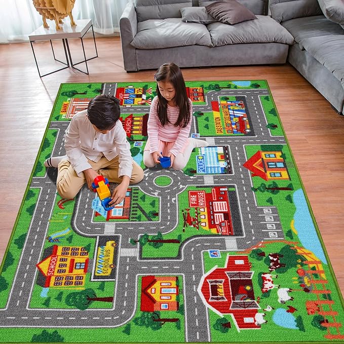 Kids Carpet Playmat Rug 59"x39.4", Car Rug for Kids Cars, Non-Slip Town City Road Map Kids Rug for Playroom Bedroom Boys, Kids Car Mat Road Rug, Track Rug Car Play Rug for Kids (59X39.4 INCH) - LeafyLoom
