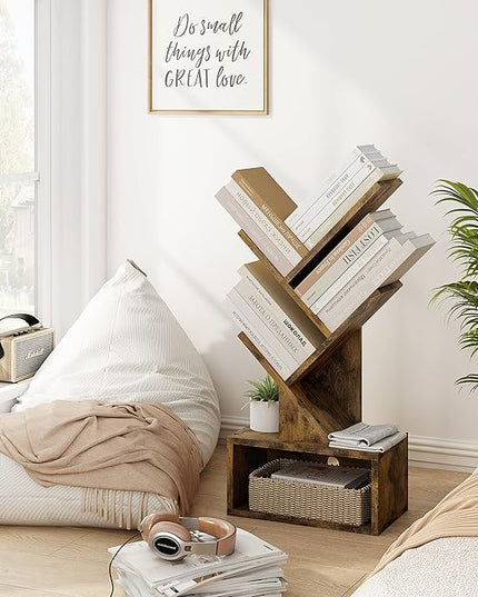 Hoctieon 3 Tier Tree Bookshelf, Small Bookcase with Drawer, Desktop Book Shelf, Display Floor Standing Storage Shelf, Book Organizer Shelves for Home Office, Rustic Brown - LeafyLoom