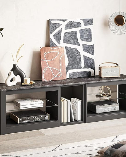 Bestier TV Stand for 70 inch TV, Gaming Entertainment Center for PS5, LED TV Cabinet with Glass Shelves for Living Room, 63'' Inch, Black Marble - LeafyLoom