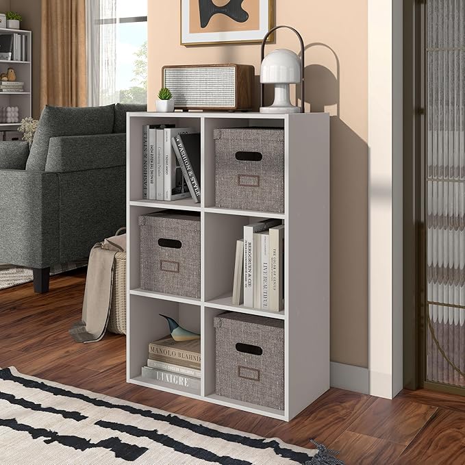 Apexa 6 Cube Storage Organizer Shelves, Stackable Wood Bookcase Fits Cubby Bins for Organization, Dorm Teen Room Decor & Home Office, Greige - LeafyLoom