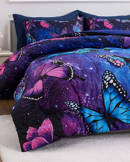 Btargot 3 Piece Butterfly Pattern Girls Comforter Set with 2 Pillow Covers, Galaxy Outer Space Printed Bedding Set for Women, Queen Purple Blue - LeafyLoom