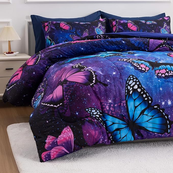 Btargot 3 Piece Butterfly Pattern Girls Comforter Set with 2 Pillow Covers, Galaxy Outer Space Printed Bedding Set for Women, Full Purple Blue - LeafyLoom