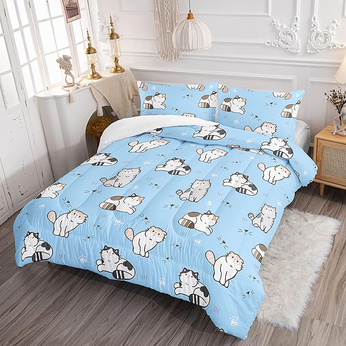 Datura home Blue Kawaii Cat Comforter Bedding Set for Girls Lovely Kitten Print Cute Animal Pattern with 1 and 2 Pillowcases Bedroom All Season(Cat Queen), Queen 90x90inches - LeafyLoom