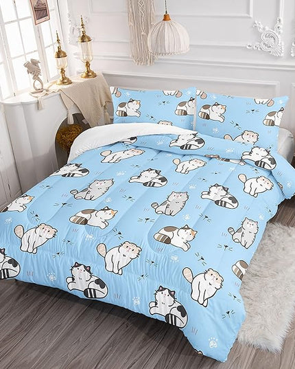Datura home Blue Kawaii Cat Comforter Bedding Set for Girls Lovely Kitten Blue Print Cute Animal Pattern Bedding Set with 1 Comforter and 2 Pillowcases for Girls Bedroom All Season(Cat Blue Twin) - LeafyLoom