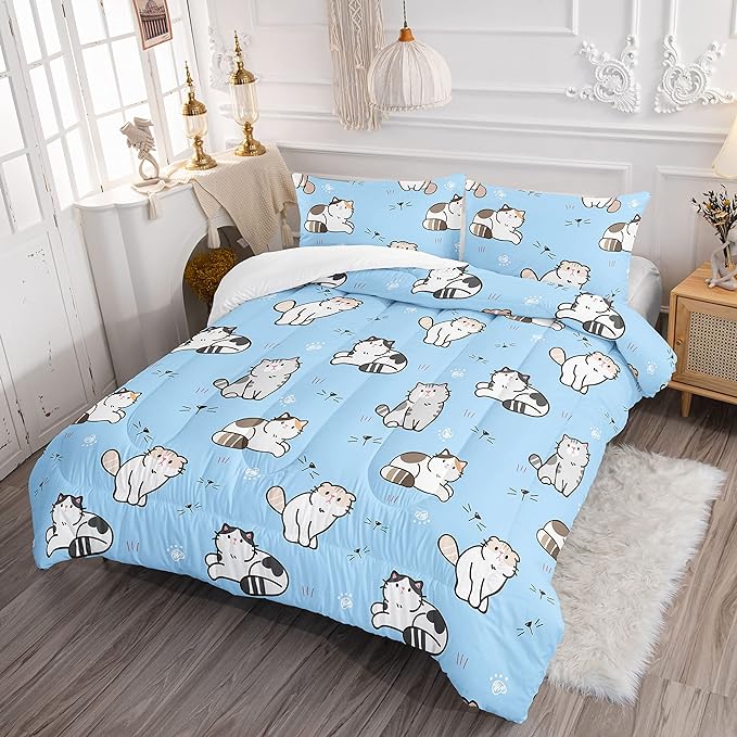 Datura home Blue Kawaii Cat Comforter Bedding Set for Girls Lovely Kitten Blue Print Cute Animal Pattern Bedding Set with 1 Comforter and 2 Pillowcases for Girls Bedroom All Season(Cat Blue Twin) - LeafyLoom