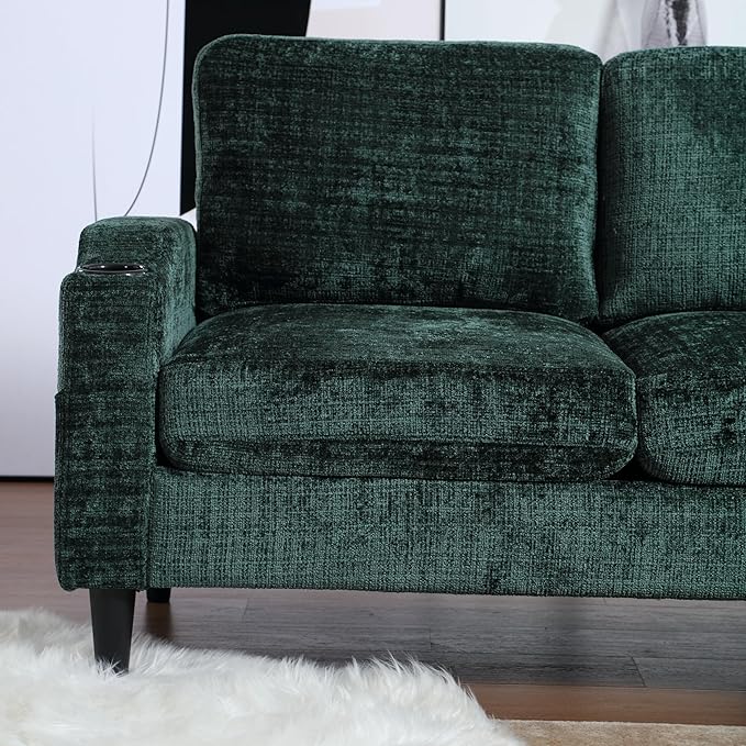 Convertible Sectional Sofa with Movable Storage Ottoman and Cupholders, 3 Seater L-Shaped Corner Couch,Chenille Upholstered Furniture w/Detachable Thicked Cushions for Living Room, Small Space - LeafyLoom