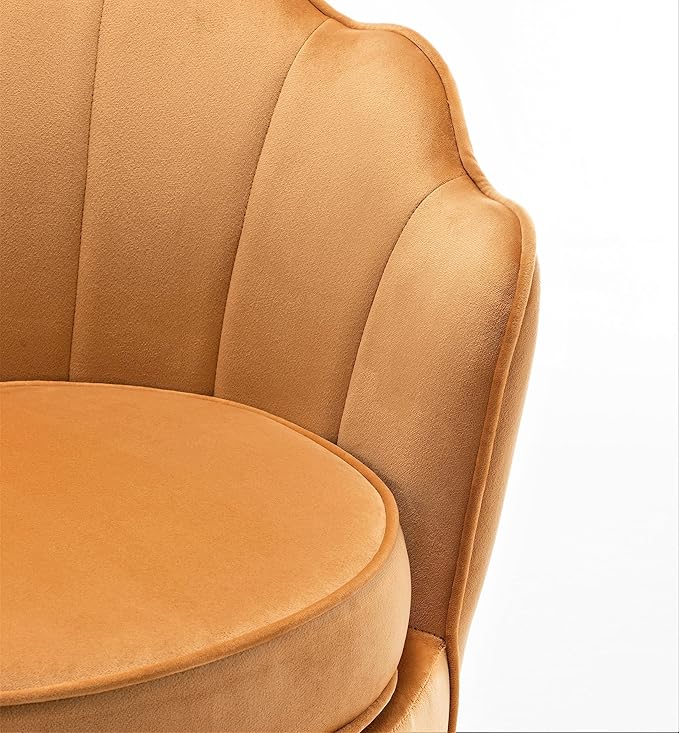 Velvet Barrel Accent Chair with Scalloped Silhouette and Gold Metal Legs, Decorative Piece Suitable for Traditional, Modern, and Contemporary Spaces, Mustard Yellow - LeafyLoom