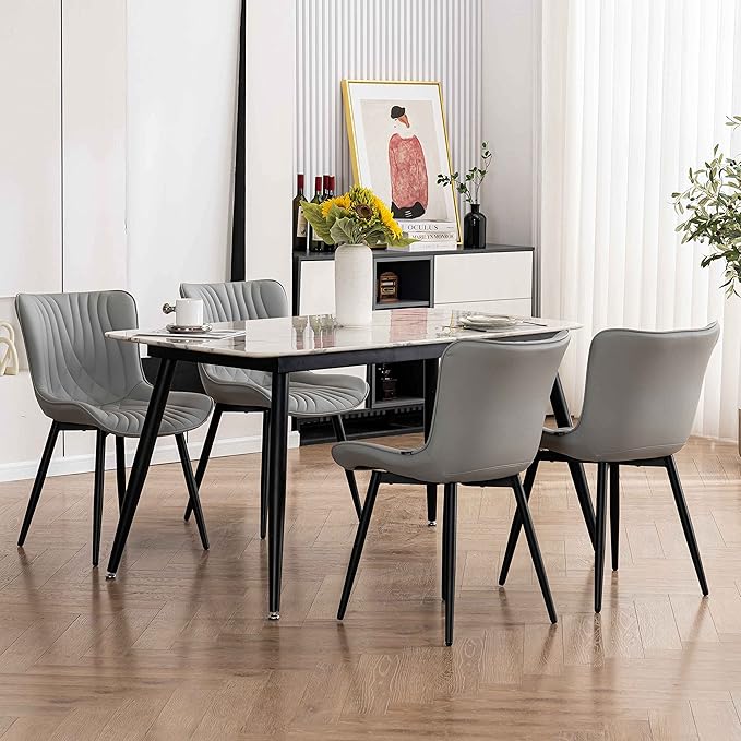 YOUTASTE Grey Dining Chairs Set of 2 Faux Leather Upholstered Kitchen Dining Room Chairs Mid Century Modern Metal Legs Chairs High Back for Kitchen Restaurant Living Room Bedrooms - LeafyLoom