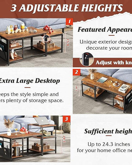 WLIVE Coffee Table for Living Room, Adjustable Coffee Table Set of 2 with End Table, Small Industrial Coffee Table with Side Table, Metal Frame and Wood Desktop, Rustic Brown - LeafyLoom