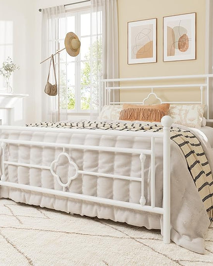 Allewie Queen Size Metal Platform Bed Frame with Victorian Vintage Headboard and Footboard/Mattress Foundation/Under Bed Storage/No Box Spring Needed/Noise-Free/Easy Assembly, White - LeafyLoom