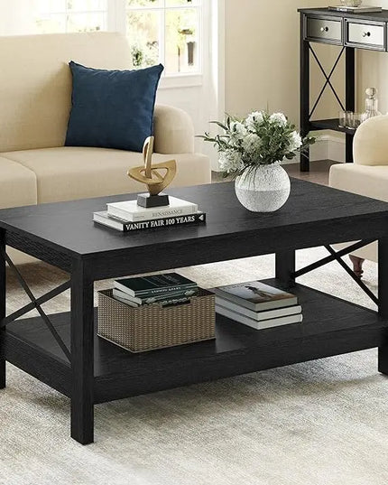 YITAHOME Coffee Table for Living Room,Modern Farmhouse Coffee Table with Storage,2-Tier Center Table for Living Room Wood Living Room Table Accent Cocktail with Sturdy Frame,Black - LeafyLoom