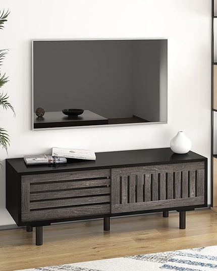 Mid-Century Modern TV Stand, Glossy Black TV Console with Sliding Doors,TV Console with Large Storage, Entertainment Center with Sturdy Solid Wood Legs, Living Room&Bedroom, Gray&Black - LeafyLoom