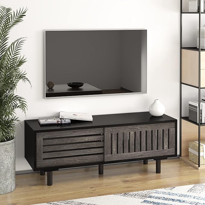 Mid-Century Modern TV Stand, Glossy Black TV Console with Sliding Doors,TV Console with Large Storage, Entertainment Center with Sturdy Solid Wood Legs, Living Room&Bedroom, Gray&Black - LeafyLoom
