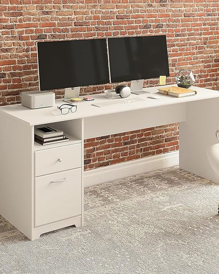Bush Furniture Cabot Desks for Home Office with Storage and Chrome Hardware | Elegant Computer Table with Drawers, 72W, White - LeafyLoom
