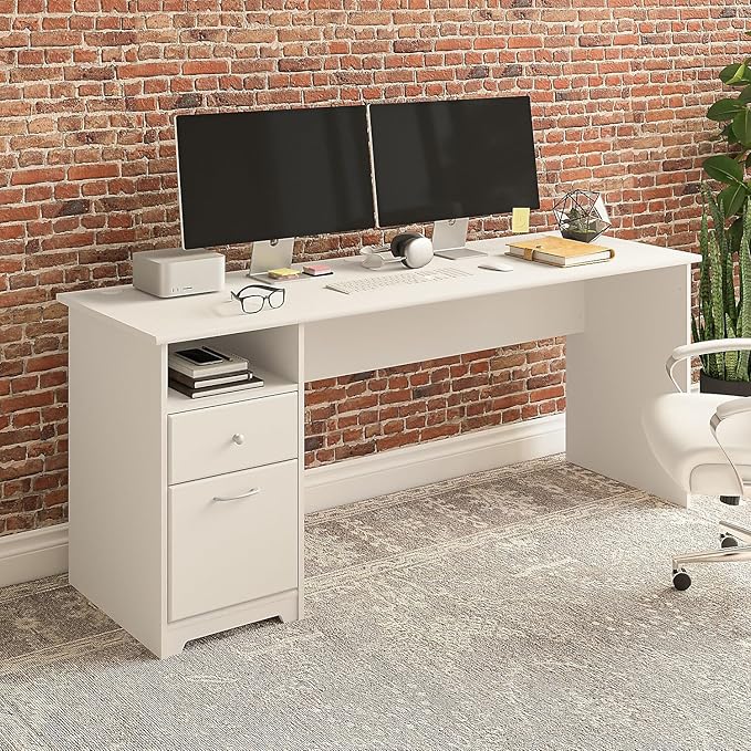 Bush Furniture Cabot Desks for Home Office with Storage and Chrome Hardware | Elegant Computer Table with Drawers, 72W, White - LeafyLoom