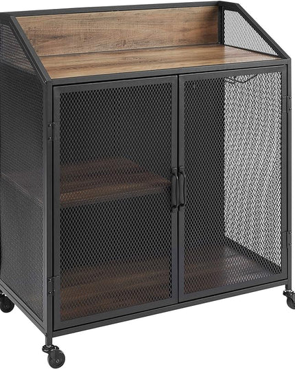 Walker Edison Malcomb Urban Industrial Metal Mesh Double Door Rolling Bar Cabinet, 33 Inch, Rustic Oak - LeafyLoom