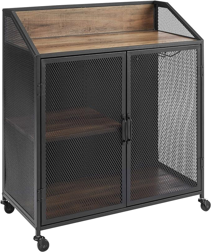 Walker Edison Malcomb Urban Industrial Metal Mesh Double Door Rolling Bar Cabinet, 33 Inch, Rustic Oak - LeafyLoom