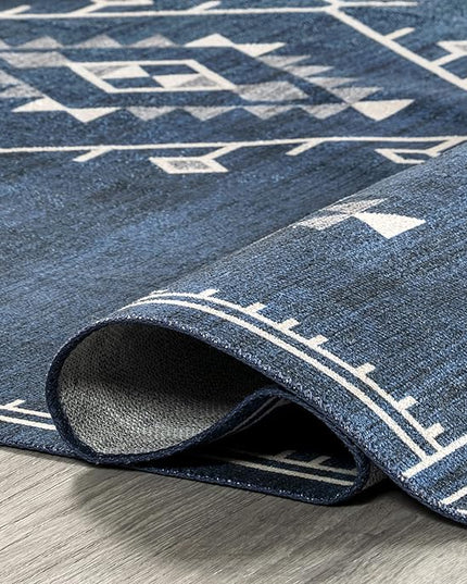 nuLOOM Evalyn Southwestern Machine Washable Ultra Thin Area Rug, 8x10, Navy - LeafyLoom