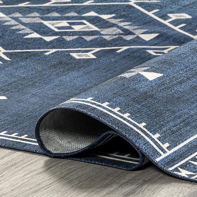 nuLOOM Evalyn Southwestern Machine Washable Ultra Thin Area Rug, 5x8, Navy - LeafyLoom