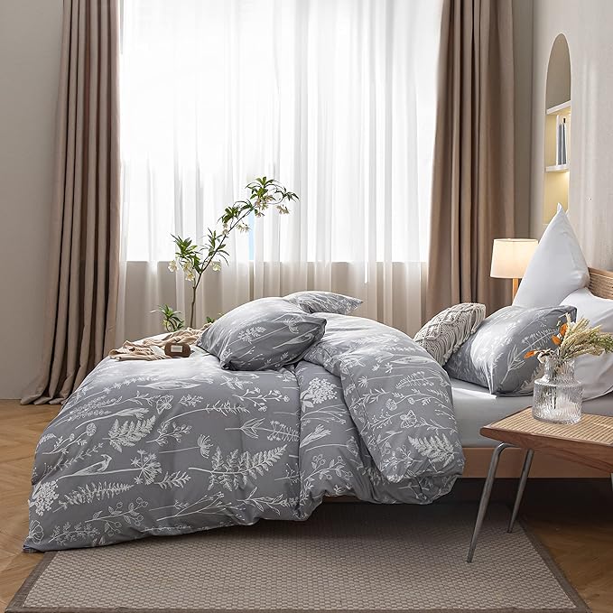 JANZAA Full Size Comforter Sets Grey Comforter Set Floral Bedding Set Microfiber Comforter Set with 2 Pillow Cases for All Season Cozy and Comfortable 3 Pieces - LeafyLoom
