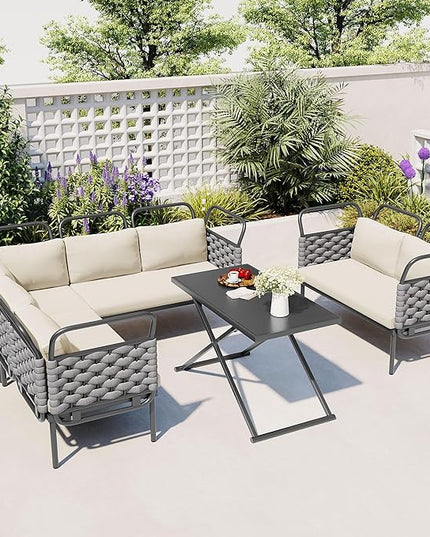 5-Piece Woven Rope Outdoor Patio Furniture Sets, L-shaped Conversation Sectional Sofa with Loveseat, Corner Couch, Glass Table and Removable Cushions, for Garden Backyard, Onesize, Gray+Beige - LeafyLoom