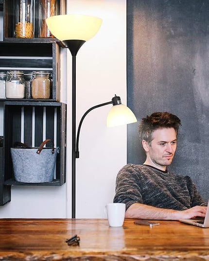 Brightech Sky Dome Plus LED Floor lamp, Torchiere Super Bright Floor Lamp with Reading Lamp for Living Rooms & Offices - Dimmable Tall Standing Lamp for Bedroom Reading - Black - LeafyLoom