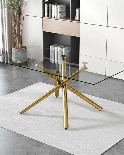 NicBex Large Modern Minimalist Rectangular Glass Dining Table for 6-8 with 0.39" Tempered Glass Tabletop and Golden Metal Legs for Kitchen Dining Living Meeting Room Banquet Hall, Golden - LeafyLoom