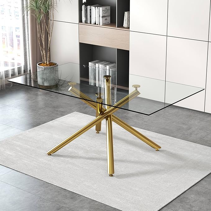 NicBex Large Modern Minimalist Rectangular Glass Dining Table for 6-8 with 0.39" Tempered Glass Tabletop and Golden Metal Legs for Kitchen Dining Living Meeting Room Banquet Hall, Golden - LeafyLoom