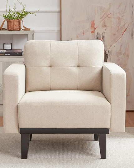 Mid-Century Modern Cream Accent Chair Set of 2, Oversized Upholstered Single Sofa Chair with Wood Base and Wood Legs, Comfy Living Room Armchairs for Apartment Bedroom Office Study, Ivory/Beige - LeafyLoom