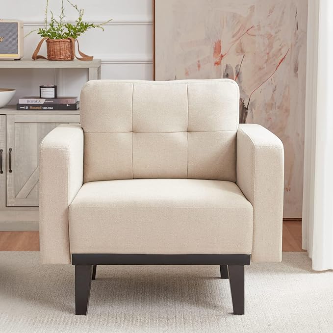 Mid-Century Modern Cream Accent Chair Set of 2, Oversized Upholstered Single Sofa Chair with Wood Base and Wood Legs, Comfy Living Room Armchairs for Apartment Bedroom Office Study, Ivory/Beige - LeafyLoom