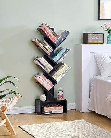 Hoctieon 6 Tier Tree Bookshelf, Tall Bookcase with Drawer, Freestanding Book shelf, Display Floor Standing Storage Shelf, Book Organizer Shelves for Home Office, Living Room, Bedroom, Black - LeafyLoom