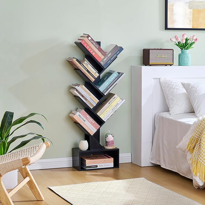 Hoctieon 6 Tier Tree Bookshelf, Tall Bookcase with Drawer, Freestanding Book shelf, Display Floor Standing Storage Shelf, Book Organizer Shelves for Home Office, Living Room, Bedroom, Black - LeafyLoom
