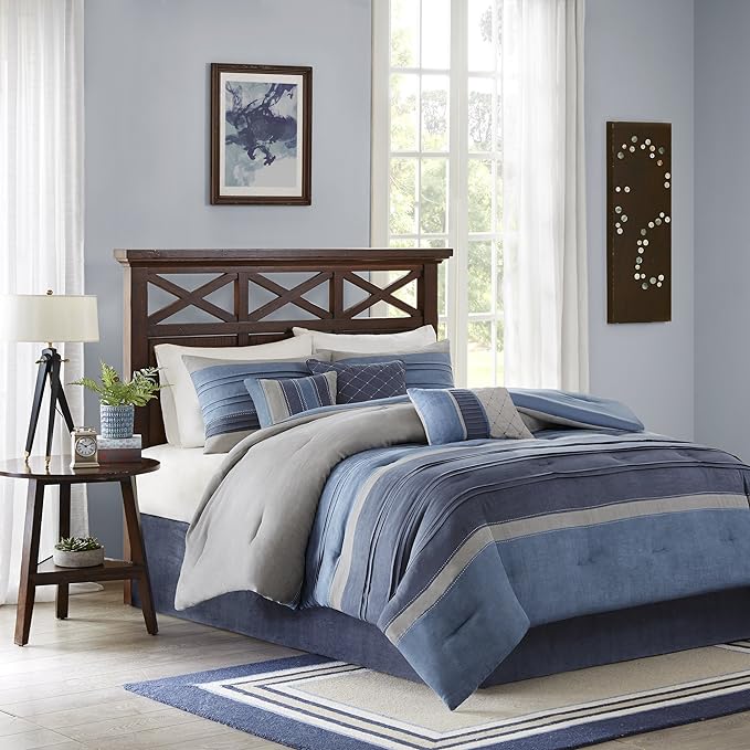 Madison Park Cozy Comforter Set Casual Modern Design All Season, Matching Bed Skirt, Decorative Pillows, Queen, Collins Blue/Grey, 7 Piece - LeafyLoom