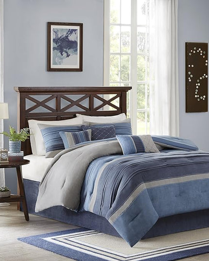 Madison Park - MP10-1638 Collins Comforter Set Bed in a Bag, Cal King(104"x92"), Blue Grey - LeafyLoom