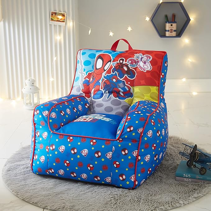 Idea Nuova Marvel Spidey & His Amazing Friends Toddler Nylon Bean Bag Chair with Piping & Top Carry Handle, NN201537, Large, Spidey & Friends - LeafyLoom