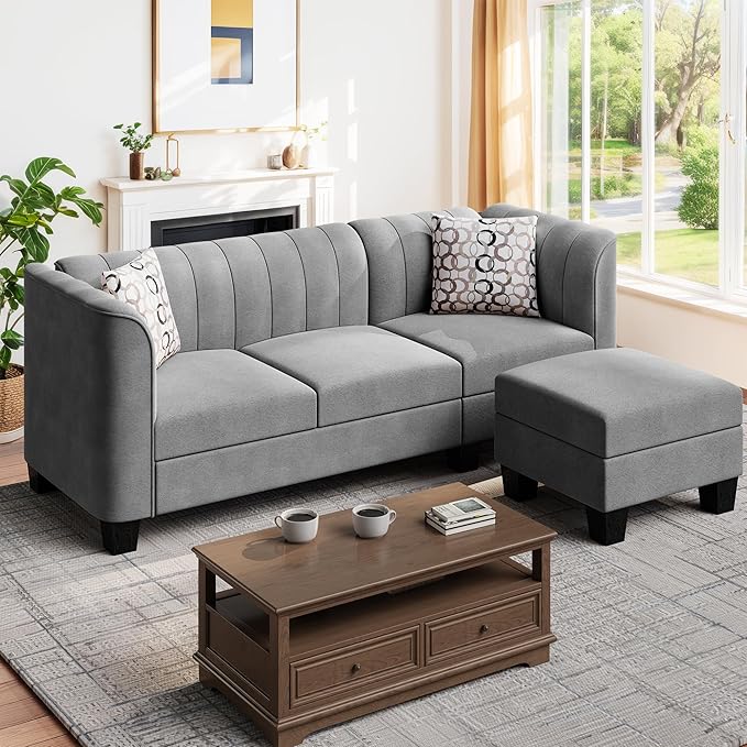 Shintenchi Upgraded Convertible Sectional Sofa Couch, 3 Seat L Shaped Sofa with High Armrest Linen Fabric Small Couch Mid Century for Living Room, Apartment and Office (Light Grey) - LeafyLoom